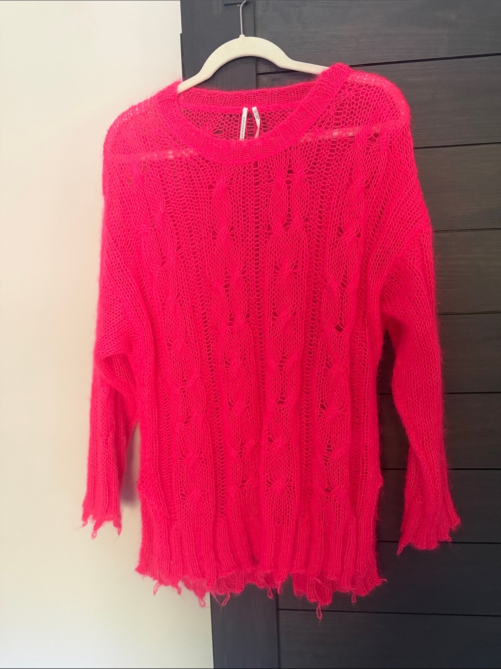 Anthropologie Hot Pink Open-Knit Crewneck Sweater